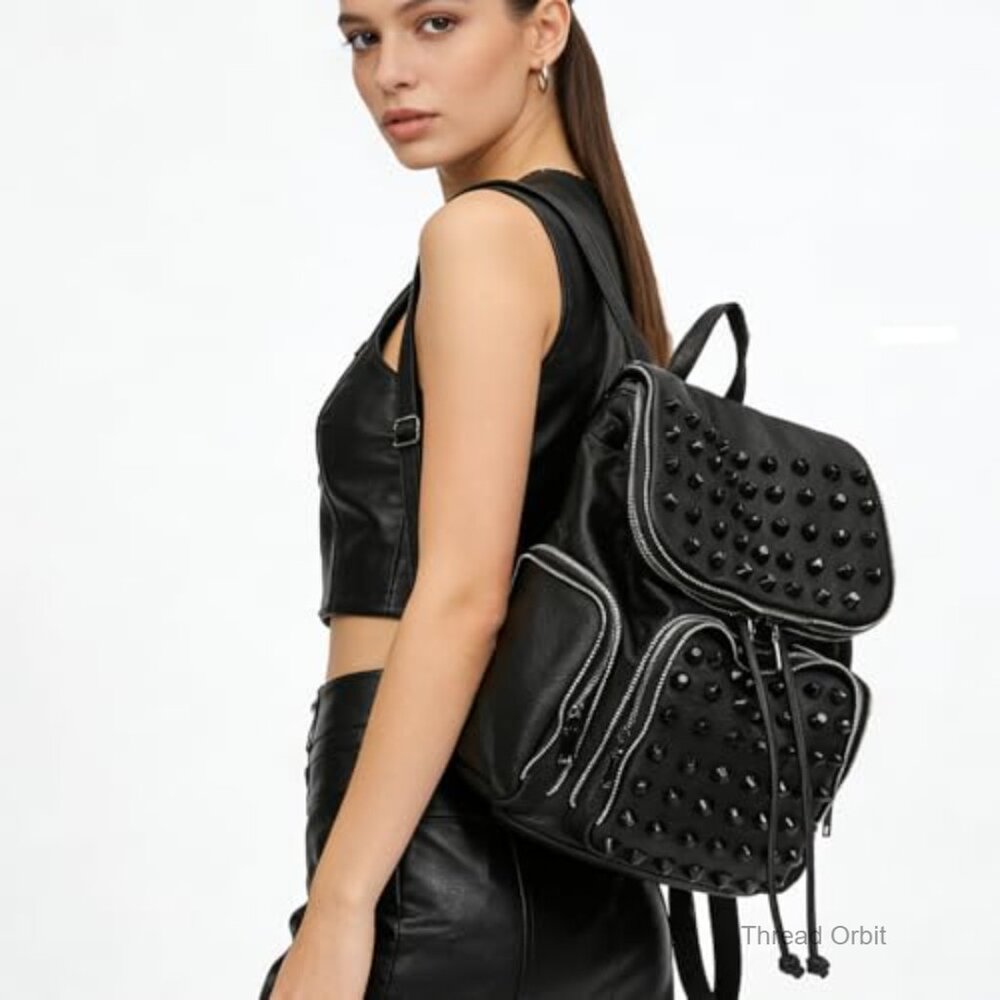 Leather Flap Rivet Backpack Unisex Daypack with Adjustable Straps - Picture 3 of 7